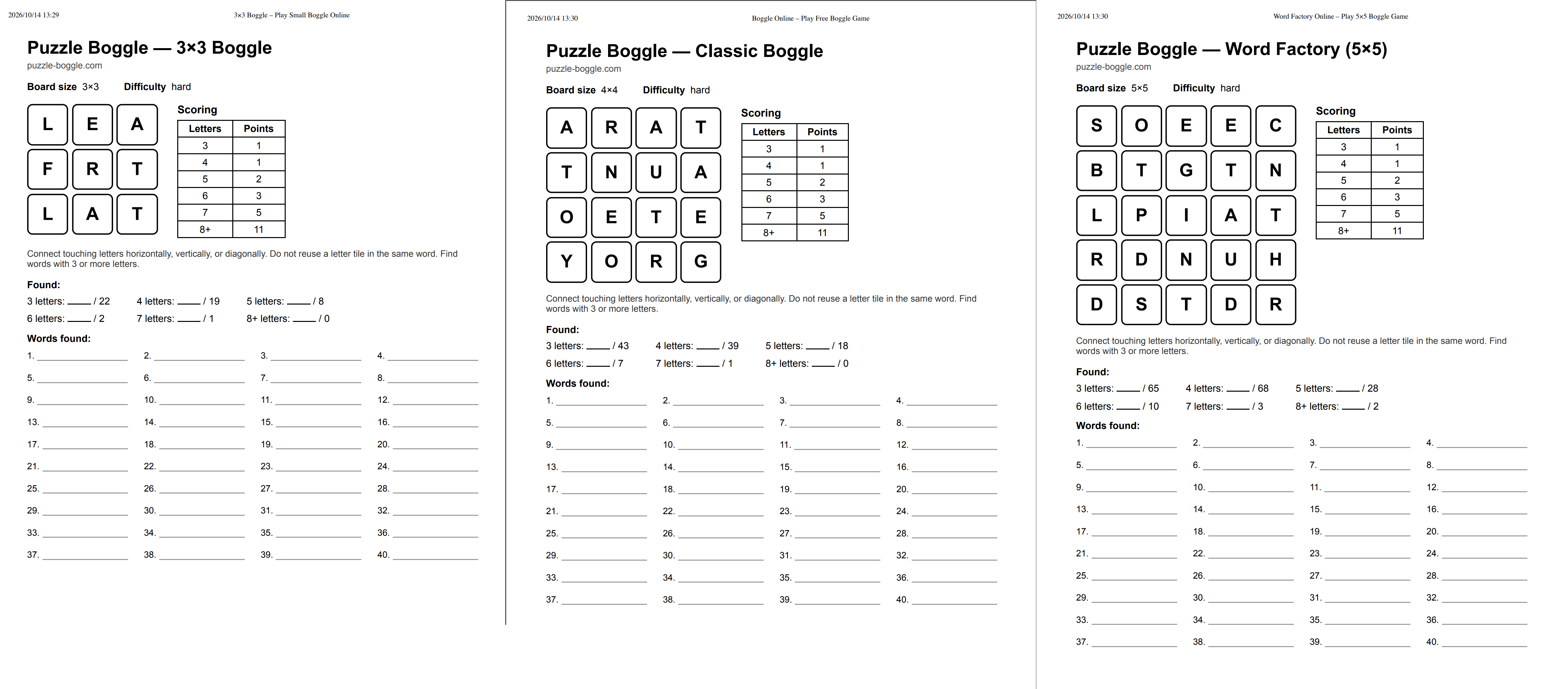 3×3, 4×4 and 5×5 Boggle boards compared side by side