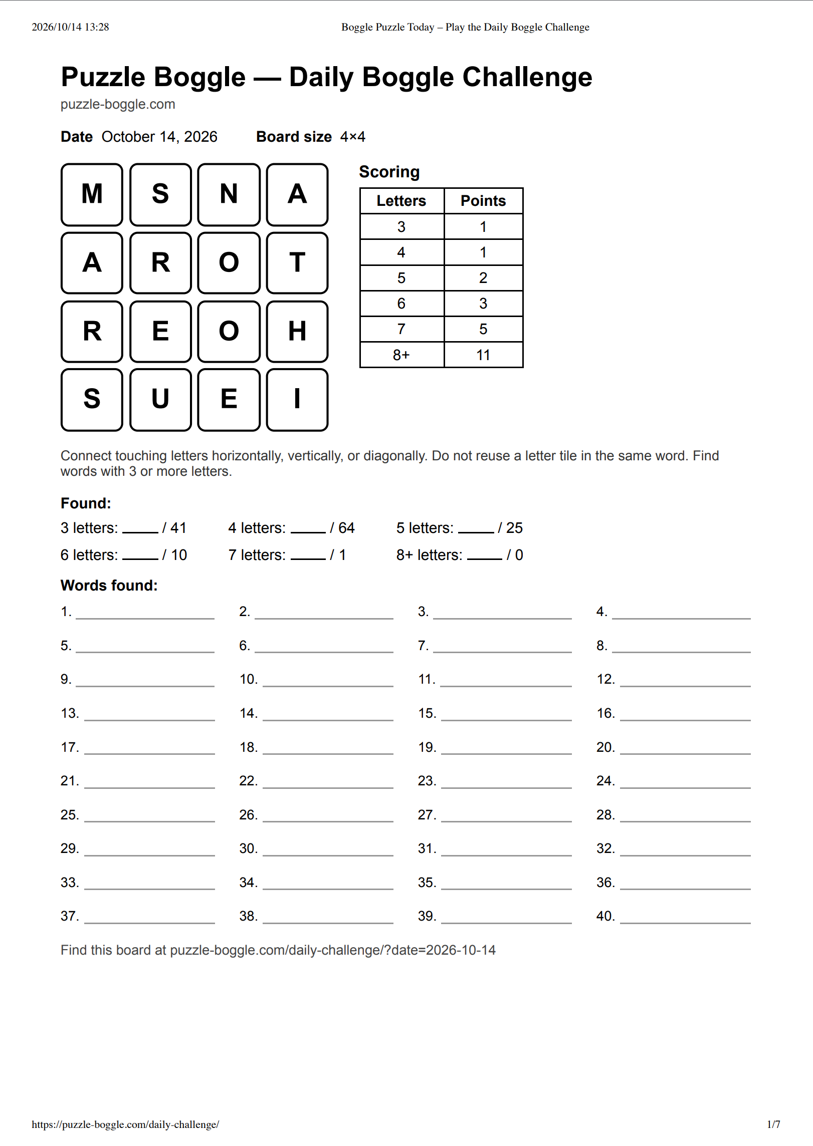 Printable Boggle worksheet with a 4×4 board, name and date fields, word-count categories and answer lines