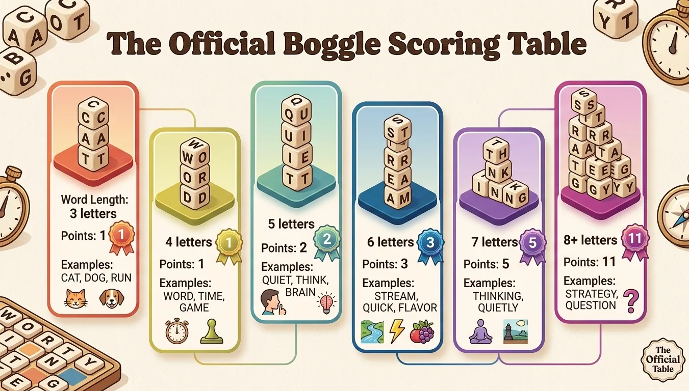 Boggle scoring rules by word length
